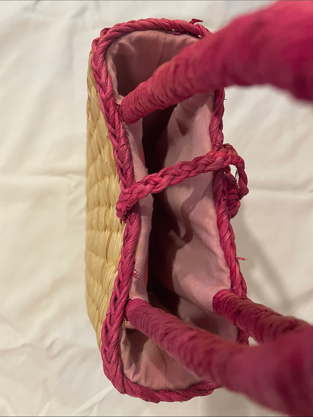 Vintage Raffia Straw Tote with Pink Handles and Green Floral Embroidery handbag - Picture 5 of 9
